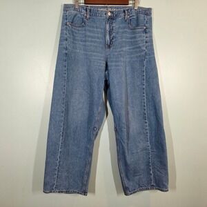 American Eagle Dreamy Drape Barrel Jeans Womens 14 Long Blue High Rise Strigid